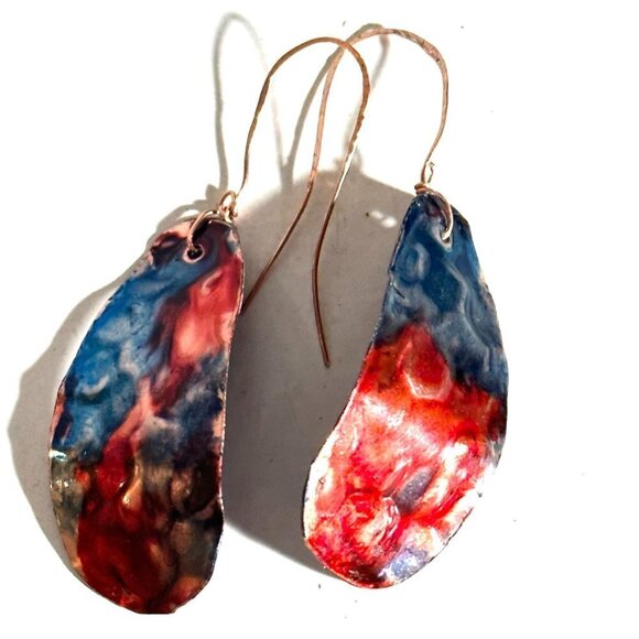Festive Blue Red Copper Embossed Earrings Handmade Textured Painted Rustic Boho - Picture 5 of 11